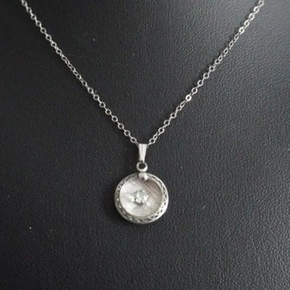 Small Round Pendant Necklace with Center Rhinestone Silver Tone - Picture 1 of 6